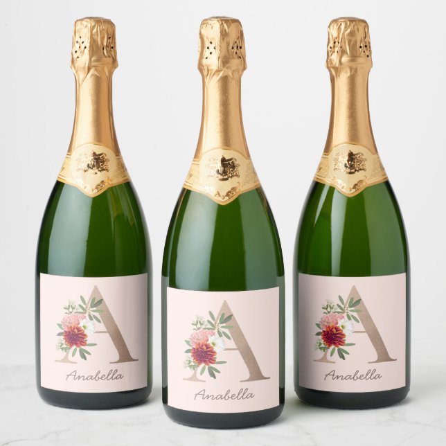 Floral blush bouquet personalized letter " A" Sparkling Wine Label (Bottles)