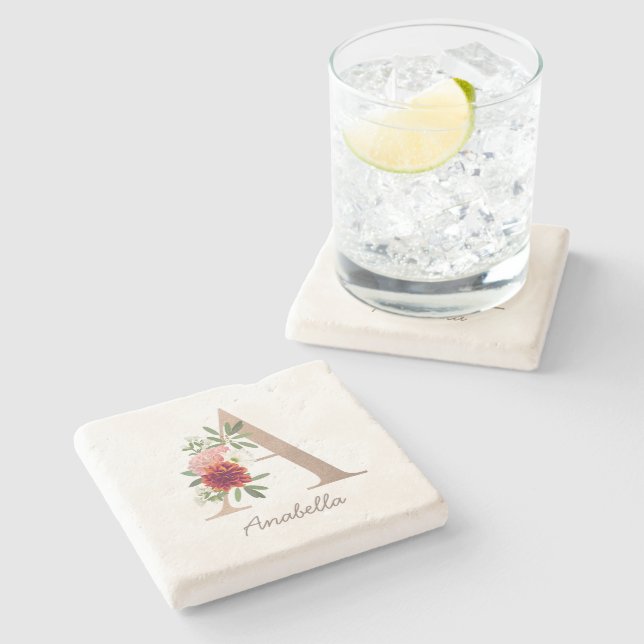 Floral blush bouquet personalized letter " A" Stone Coaster (Side)