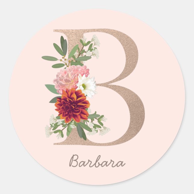 Floral blush bouquet personalized letter " B " Classic Round Sticker (Front)