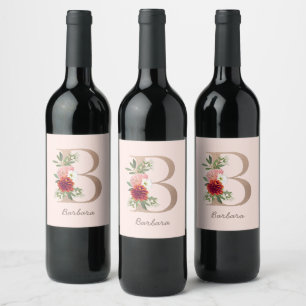 Floral blush bouquet personalized letter " B " Wine Label
