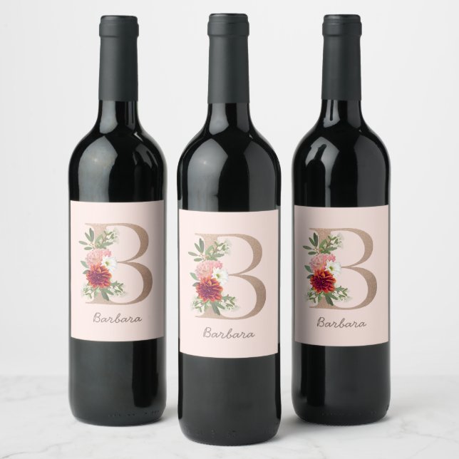 Floral blush bouquet personalized letter " B " Wine Label (Bottles)