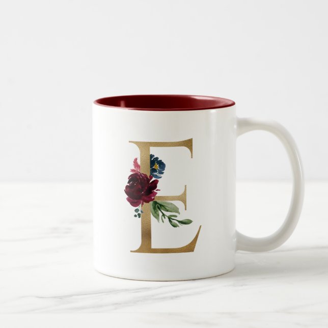 Floral Blush Burgundy Gold Monogram Personalized Two-Tone Coffee Mug (Right)