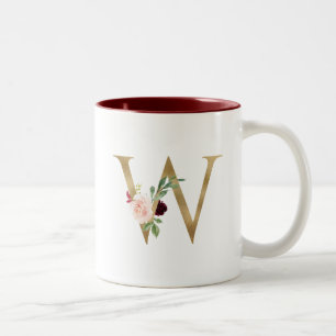 Floral Blush Burgundy Gold Monogram Personalized Two-Tone Coffee Mug