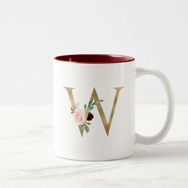 Floral Blush Burgundy Gold Monogram Personalized Two-Tone Coffee Mug (Right)