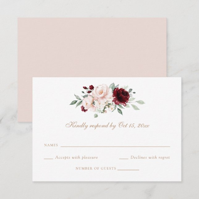 Floral Blush Burgundy Greenery Wedding RSVP Card (Front/Back)