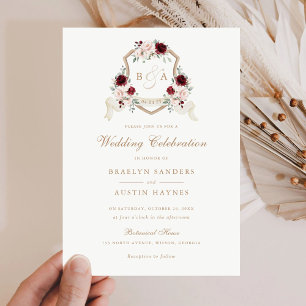 Floral Blush Burgundy Monogram Crest Wedding Invitation