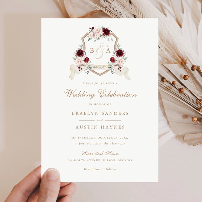 Floral Blush Burgundy Monogram Crest Wedding Invitation (Creator Uploaded)