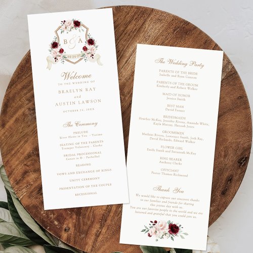 Floral Blush Burgundy Monogram Crest Wedding Program