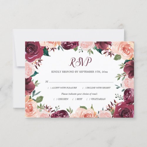 Floral Blush Burgundy Rose Border Meal Wedding RSVP Card