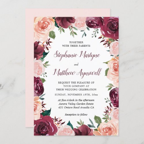 Floral Blush Burgundy Rose Border Wedding Invitation