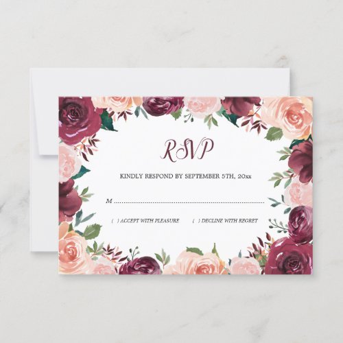 Floral Blush Burgundy Rose Border Wedding RSVP Card