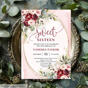 Floral Blush Burgundy Roses Sweet Sixteen Party  Invitation
