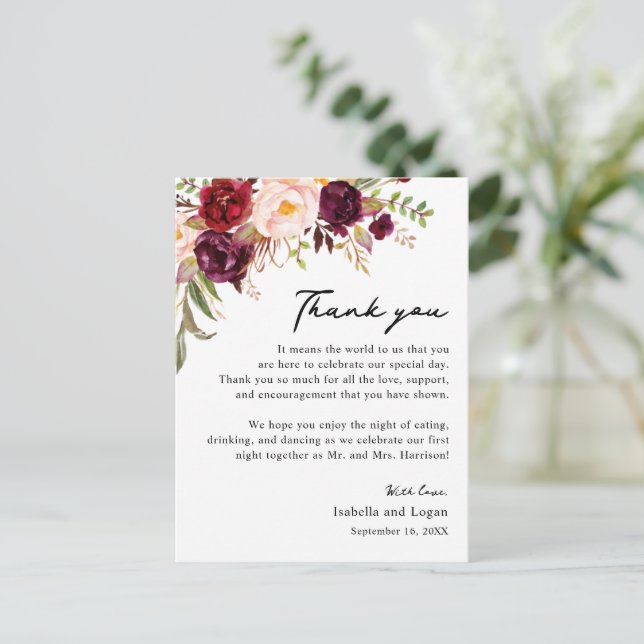 Floral Blush Burgundy Thank You Reception Card (Standing Front)
