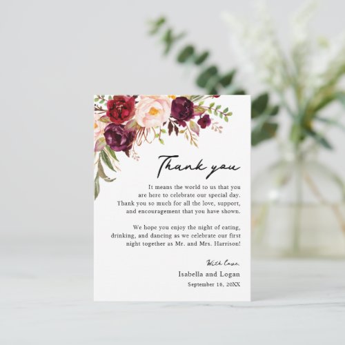 Floral Blush Burgundy Thank You Reception Card