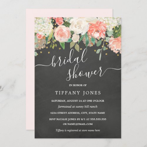 Floral Blush Confetti Chalkboard Bridal Shower Invitation