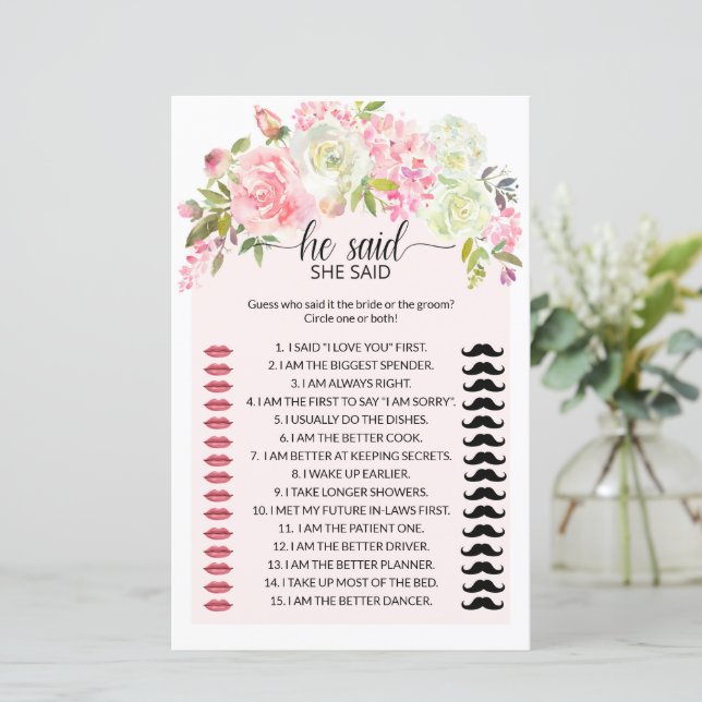 Floral Blush & Cream He Said She Said Bridal Game (Standing Front)