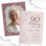 Floral Blush Dusty Pink Photo 90th Birthday Party Invitation<br><div class="desc">Floral Blush Dusty Pink and Mauve Photo 90th Birthday Party Invitation. Minimalist modern design featuring botanical outline drawings accents and typography script font. Simple trendy invite card perfect for a stylish female bday celebration. Can be customized to any age. Printed Zazzle invitations or instant download digital printable template.</div>