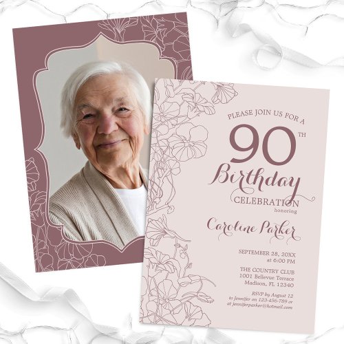 Floral Blush Dusty Pink Photo 90th Birthday Party Invitation