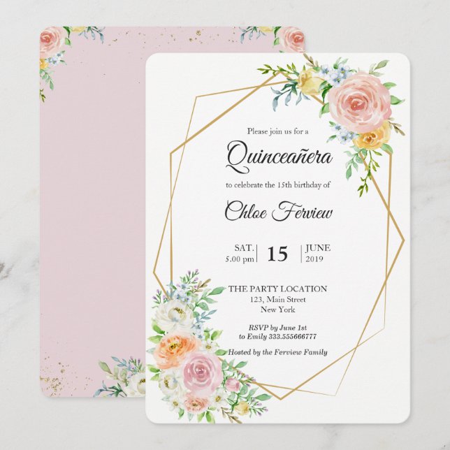 Floral blush elegant Quinceañera invitation (Front/Back)