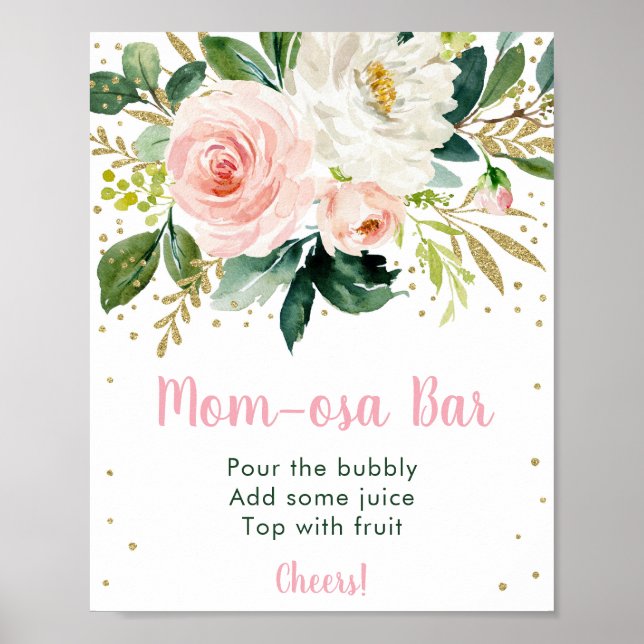 Floral Blush Gold Baby Shower Mom-osa Bar Sign (Front)