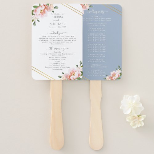 Floral Blush Gold Dusty Blue Wedding Program Hand Fan