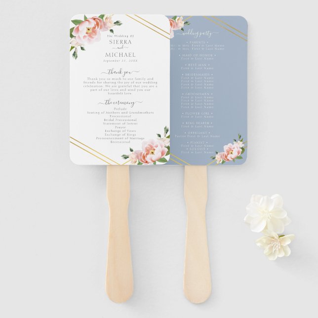 Floral Blush Gold Dusty Blue Wedding Program Hand Fan (Front and Back)