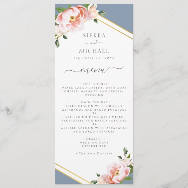 Floral Blush Gold Dusty Blue Wedding Reception Menu (Front)