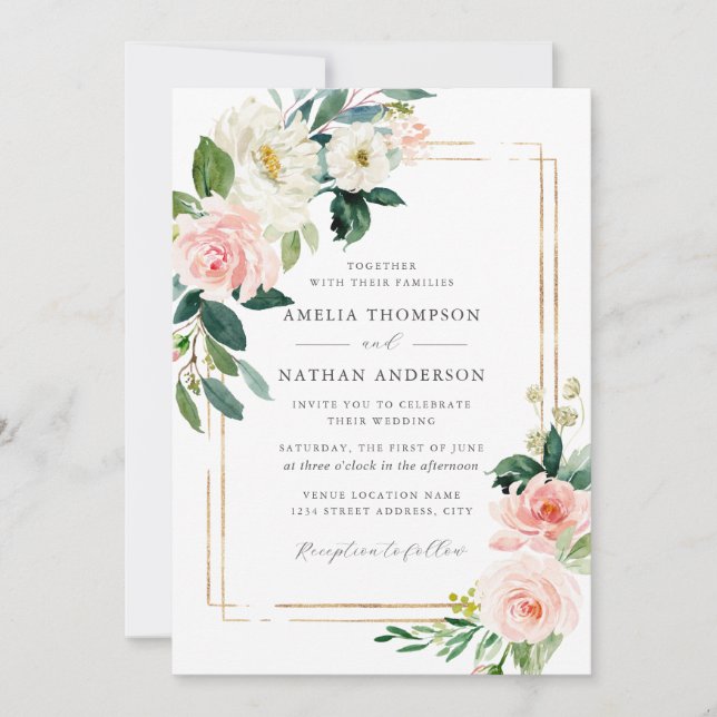 Floral Blush Gold Frame Wedding Invitation (Front)