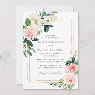 Floral Blush Gold Frame Wedding Invitation