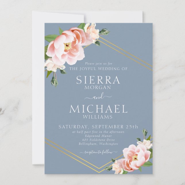 Floral Blush Gold Geometric Dusty Blue Wedding Invitation (Front)