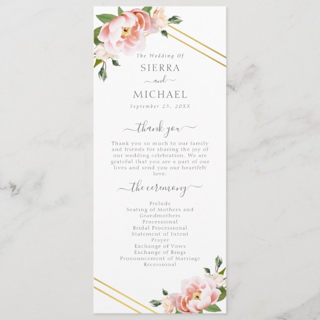 Floral Blush Gold Geometric Mint Green Wedding Program (Front)