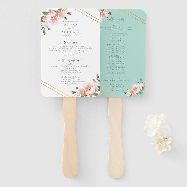 Floral Blush Gold Mint Green Wedding Program Hand Fan (Front and Back)