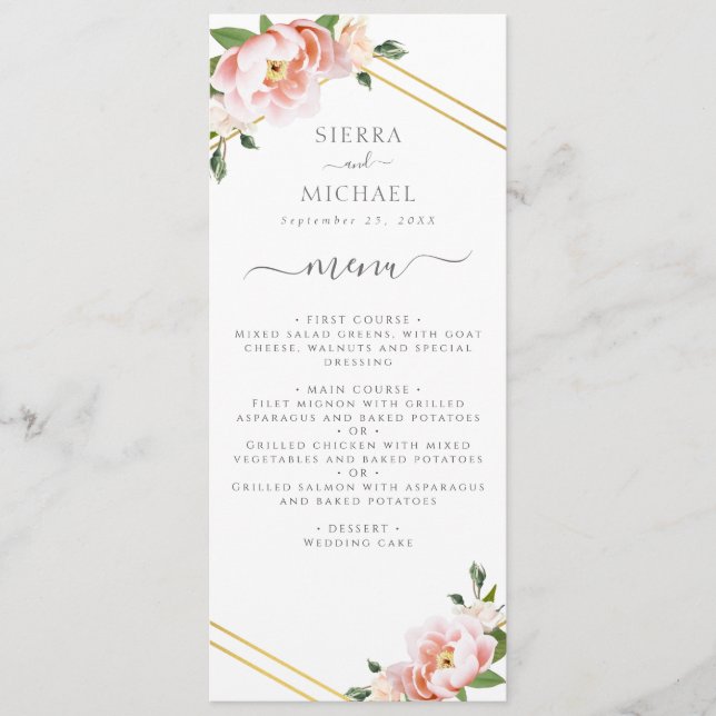 Floral Blush Gold Mint Green Wedding Reception Menu (Front)