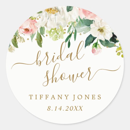 Floral Blush Gold Pink Confetti Bridal Shower Classic Round Sticker ...