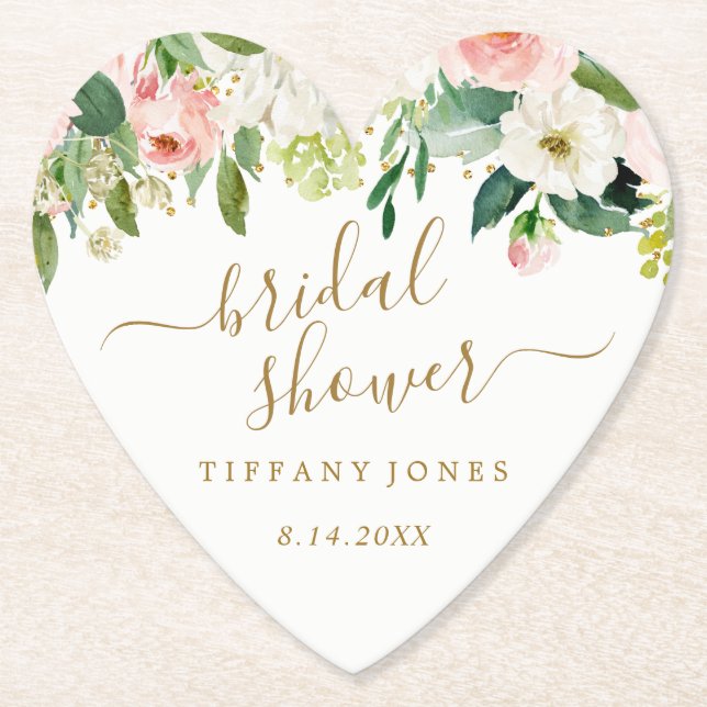 Floral Blush Gold Pink Confetti Bridal Shower Paper Coaster (Front)
