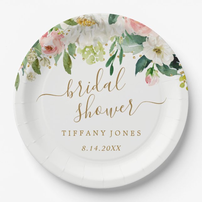 Floral Blush Gold Pink Confetti Bridal Shower Paper Plates (Front)