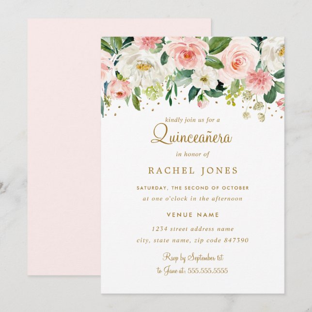 Floral Blush Gold Quinceanera Invitation (Front/Back)