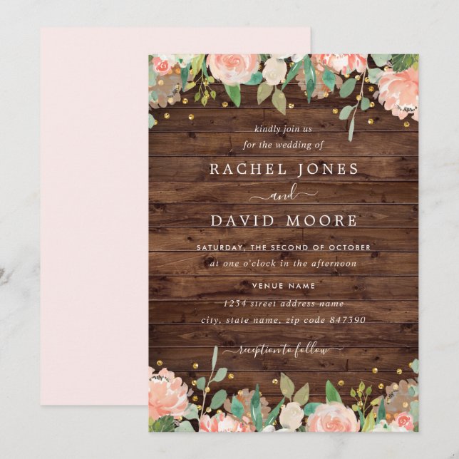 Floral Blush Gold Rustic Wedding Invitation (Front/Back)