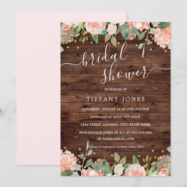 Floral Blush Gold Rustic Wood Bridal Shower Invitation (Front/Back)