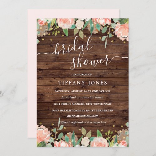 Floral Blush Gold Rustic Wood Bridal Shower Invitation