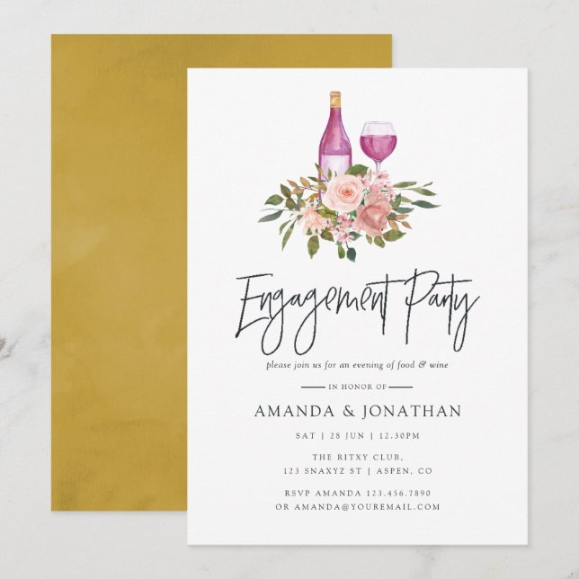 Floral Blush & Gold Wine Tasting Engagement Party Invitation (Front/Back)
