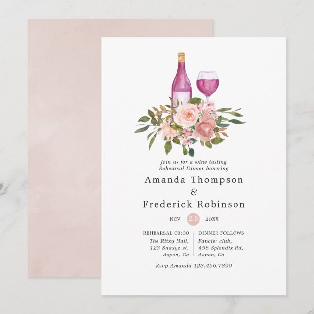 Floral Blush & Gold Wine Tasting Rehearsal Dinner Invitation (Front/Back)