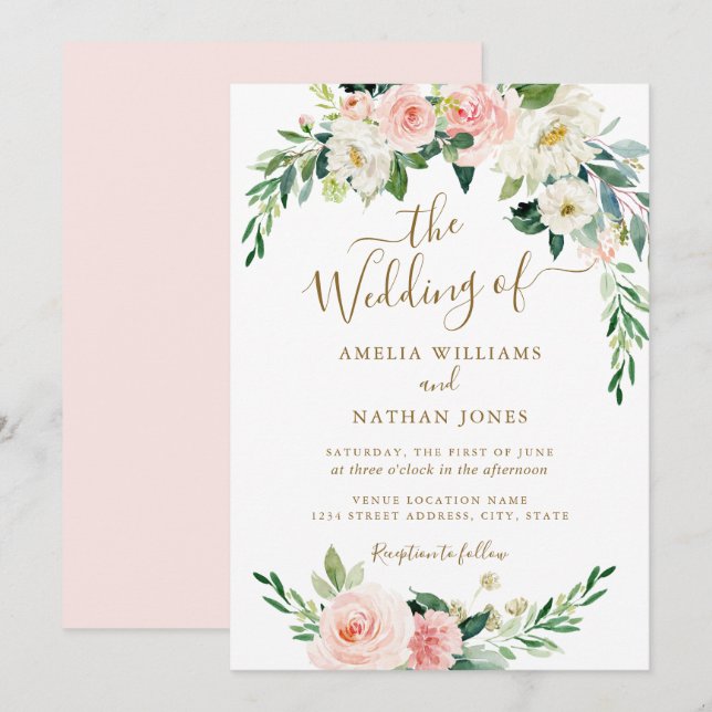 Floral Blush Gold Wreath Wedding Invitation (Front/Back)