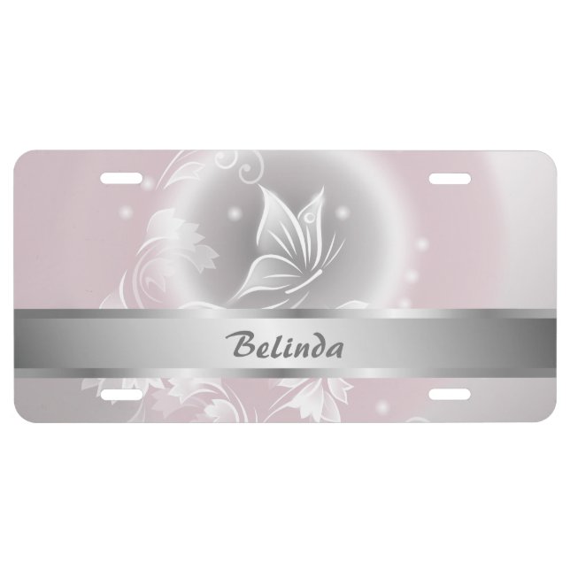 Floral Blush Gray Butterfly  Personalize License Plate (Front)