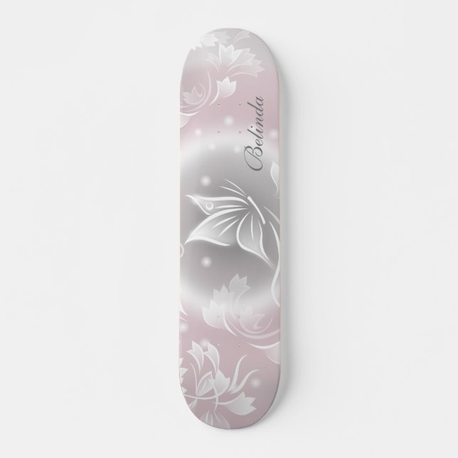 Floral Blush Gray Butterfly  Personalize  Skateboard (Front)