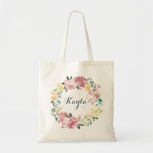 Floral Blush Greenery Eucalyptus Wreath Bridesmaid Tote Bag (Front)