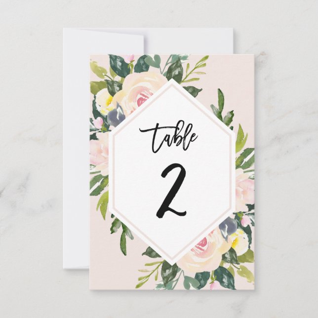 Floral Blush Handwritten Table 2 Number Card (Front)