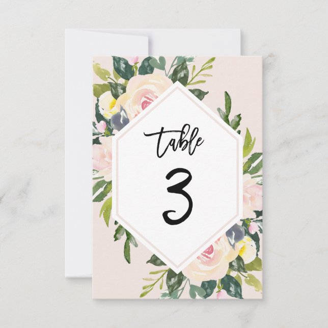 Floral Blush Handwritten Table 3 Number Card (Front)