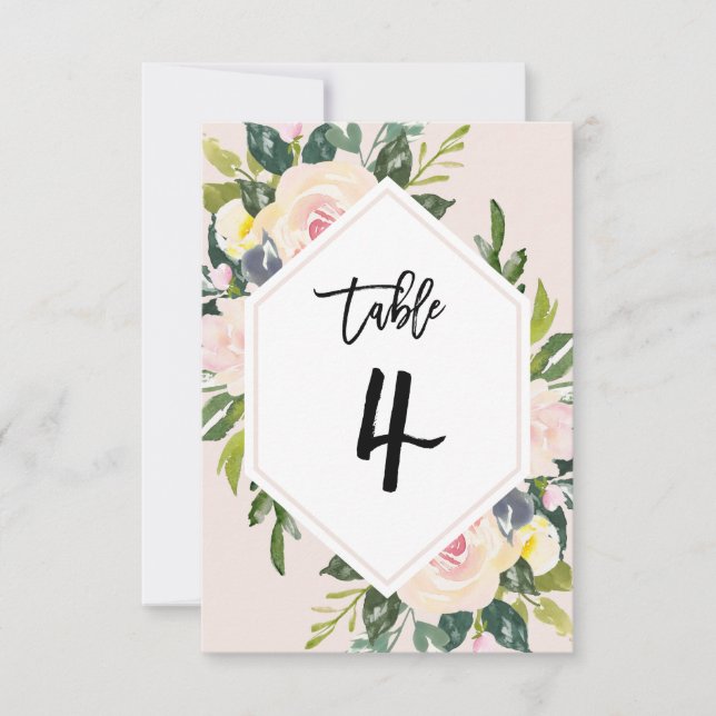 Floral Blush Handwritten Table 4 Number Card (Front)
