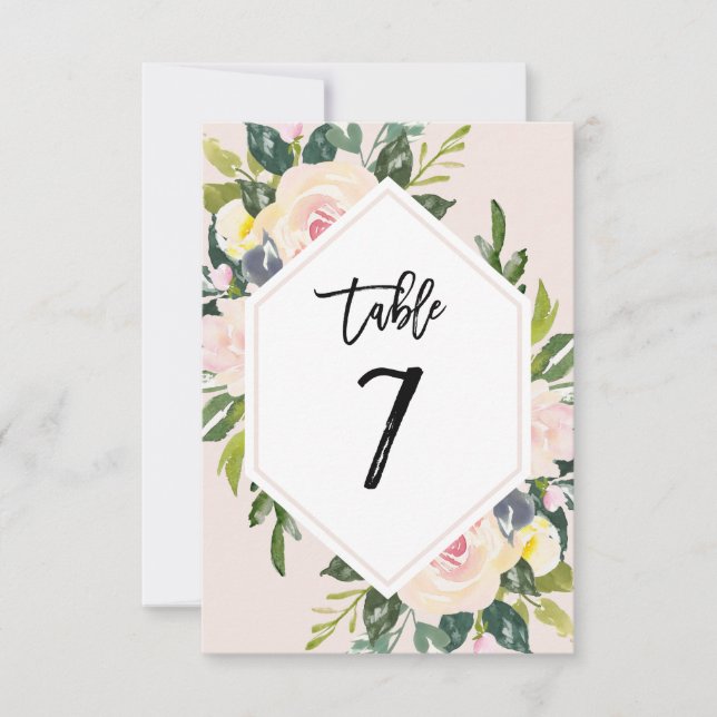 Floral Blush Handwritten Table 7 Number Card (Front)